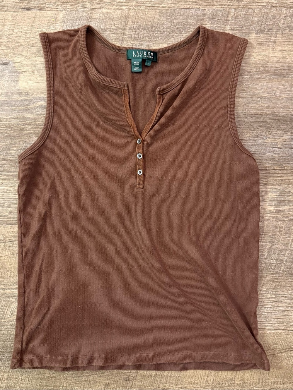 Ralph Lauren Brown Ribbed Cotton Henley Tank Top